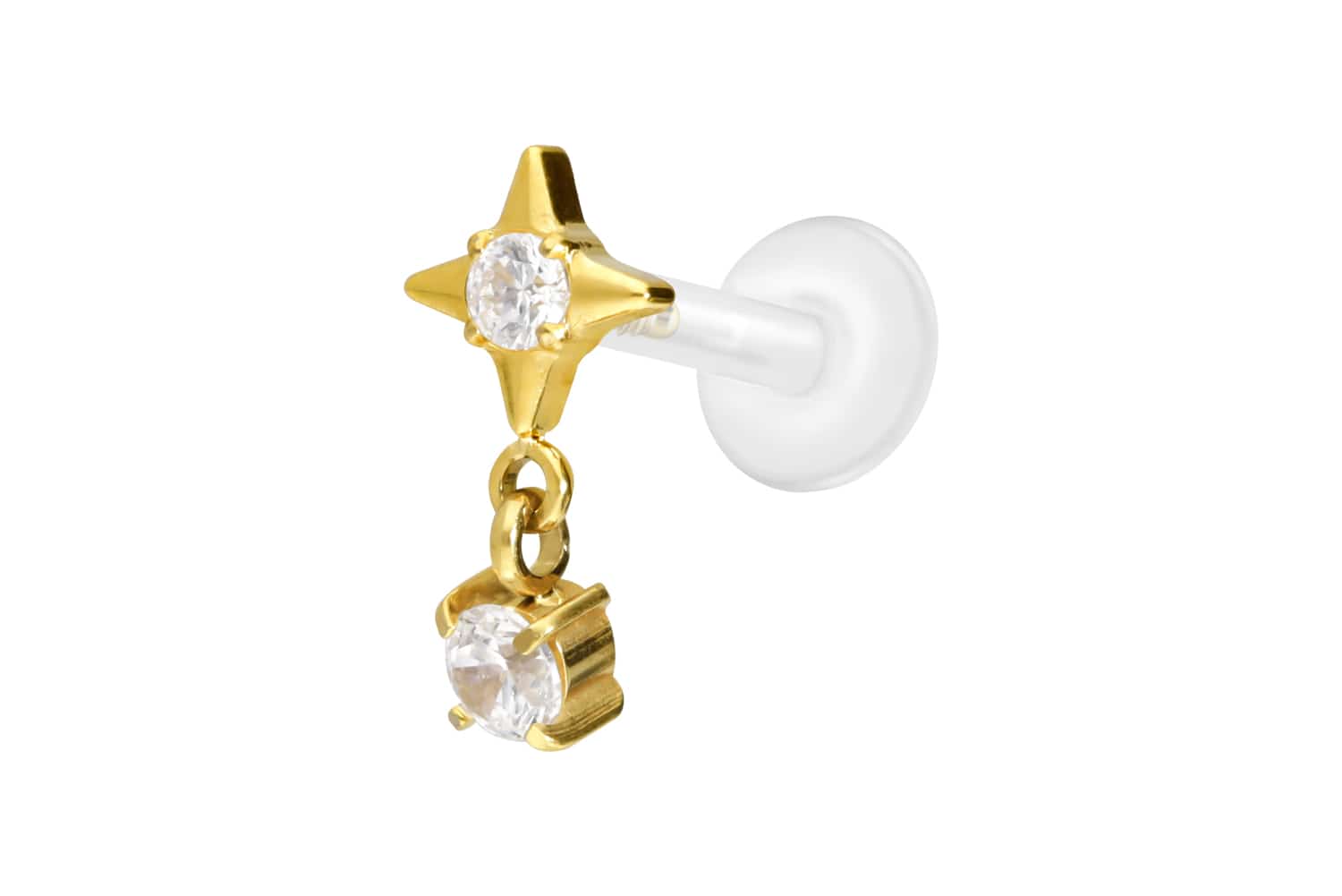 PTFE Labret Piercing mit Innengewinde + Titan-Aufsatz STERN + KRISTALL